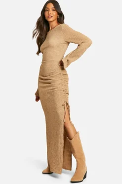 Maxi Dresses*boohoo textured ruched flare sleeve maxi dress stone