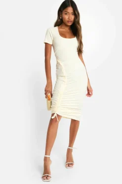Bodycon Dresses*boohoo Textured Ruched Midaxi Dress cream