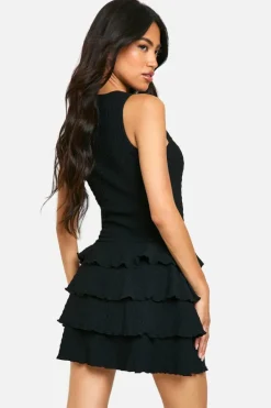 Skater Dresses|Mini Dresses*boohoo Textured Ruffle Layered Hem Racer Neck Mini Dress black