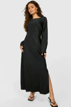 Maxi Dresses|Long Sleeve Dresses*boohoo Textured Satin Column Maxi Dress black