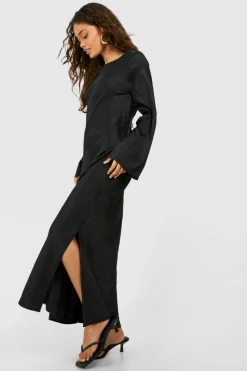 Maxi Dresses|Long Sleeve Dresses*boohoo Textured Satin Column Maxi Dress black