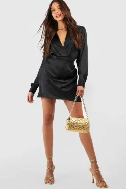 Shirt Dresses*boohoo Textured Satin Ruched Front Shirt Dress black