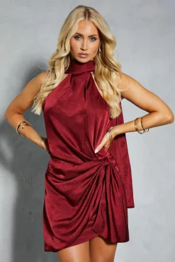 Wrap Dresses*MissPap Textured Satin Scarf Detail Ruched Wrap Mini Dress berry