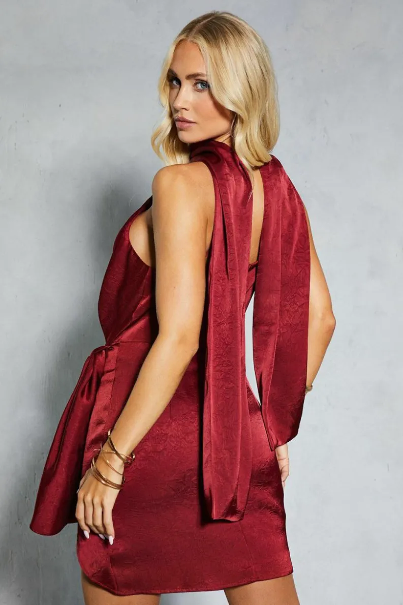 Wrap Dresses*MissPap Textured Satin Scarf Detail Ruched Wrap Mini Dress berry