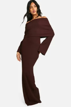 Maxi Dresses|Long Sleeve Dresses*boohoo Textured Slouchy Bardot Maxi Dress chocolate