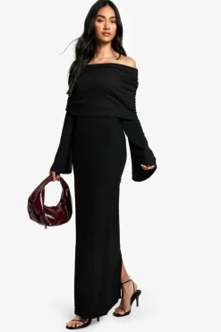 Maxi Dresses|Long Sleeve Dresses*boohoo Textured Slouchy Bardot Maxi Dress black