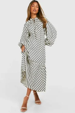 Smock Dresses*boohoo Textured Stripe Tie Neck Midaxi Smock Dress black