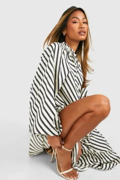 Smock Dresses*boohoo Textured Stripe Tie Neck Midaxi Smock Dress black