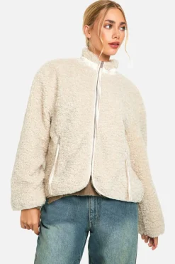 Up To 80% Off Winter Warmers|Teddy Jackets*boohoo Textured Teddy Funnel Neck Jacket cream