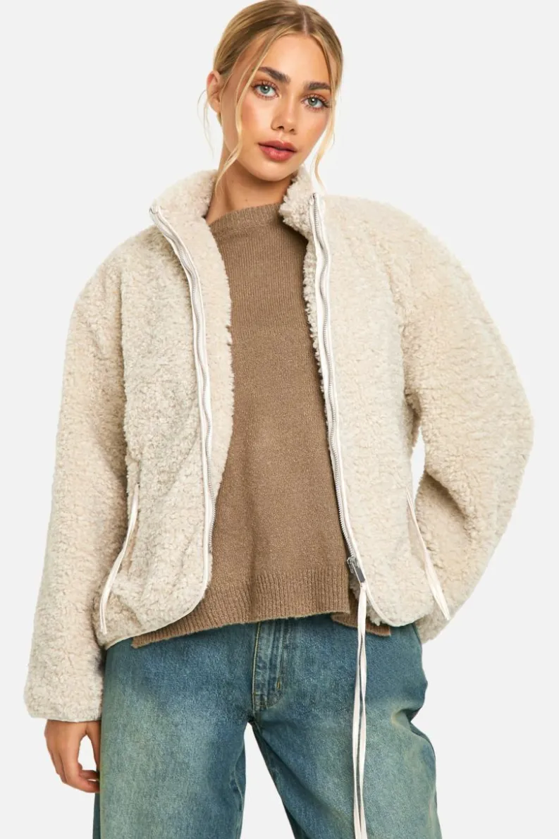 Up To 80% Off Winter Warmers|Teddy Jackets*boohoo Textured Teddy Funnel Neck Jacket cream