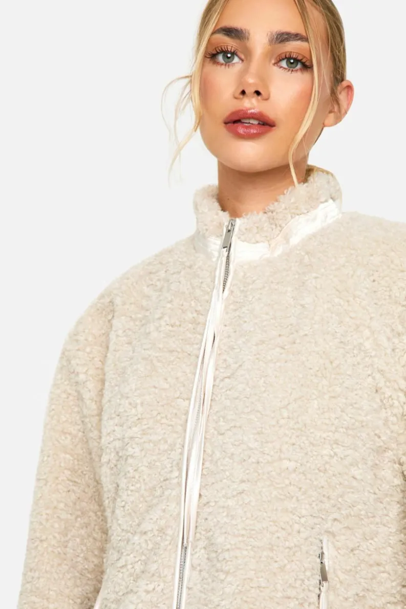 Up To 80% Off Winter Warmers|Teddy Jackets*boohoo Textured Teddy Funnel Neck Jacket cream