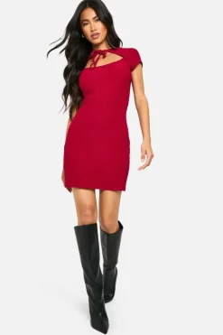 Bodycon Dresses*boohoo Textured Tie Front Mini Dress cherry