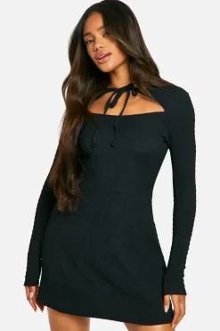 Skater Dresses|Mini Dresses*boohoo Textured Tie Front Skater Dress black