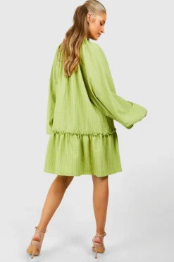 Smock Dresses*boohoo Textured Tie Neck Mini Smock Dress chartreuse