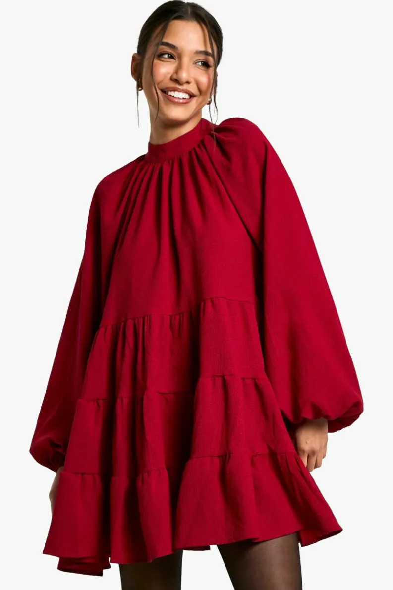 Smock Dresses*boohoo Textured Volume Smock Dress burgundy