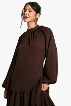 Smock Dresses|Long Sleeve Dresses*boohoo Textured Volume Smock Midaxi Dress chocolate