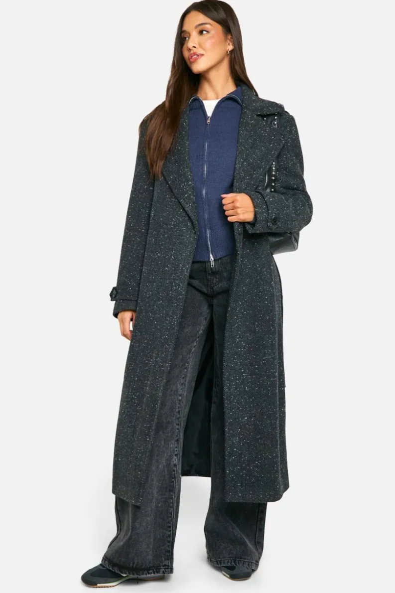 Up To 80% Off Winter Warmers|Trench Coats*boohoo Textured Wool Look Trench Coat dark grey