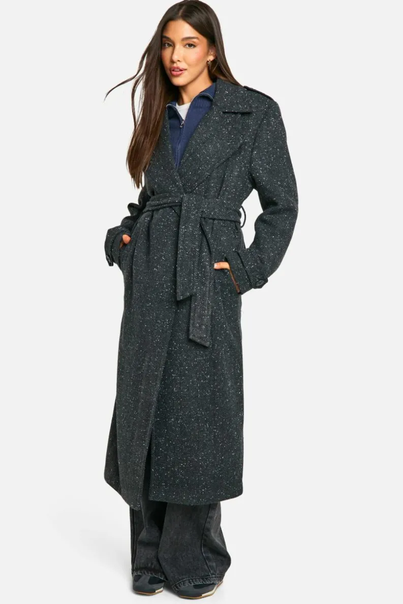 Up To 80% Off Winter Warmers|Trench Coats*boohoo Textured Wool Look Trench Coat dark grey