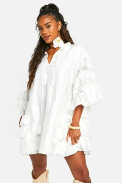 Smock Dresses*boohoo Textured Woven Ruffle Smock Dress cream