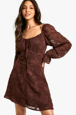 Skater Dresses*boohoo Tie Detail Burnout Long Sleeve Mini Dress chocolate