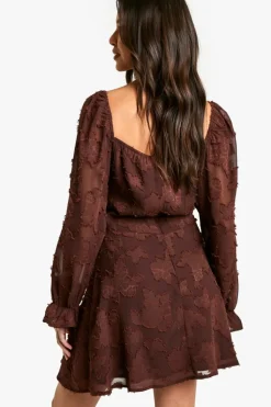 Skater Dresses*boohoo Tie Detail Burnout Long Sleeve Mini Dress chocolate
