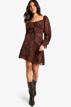 Skater Dresses*boohoo Tie Detail Burnout Long Sleeve Mini Dress chocolate