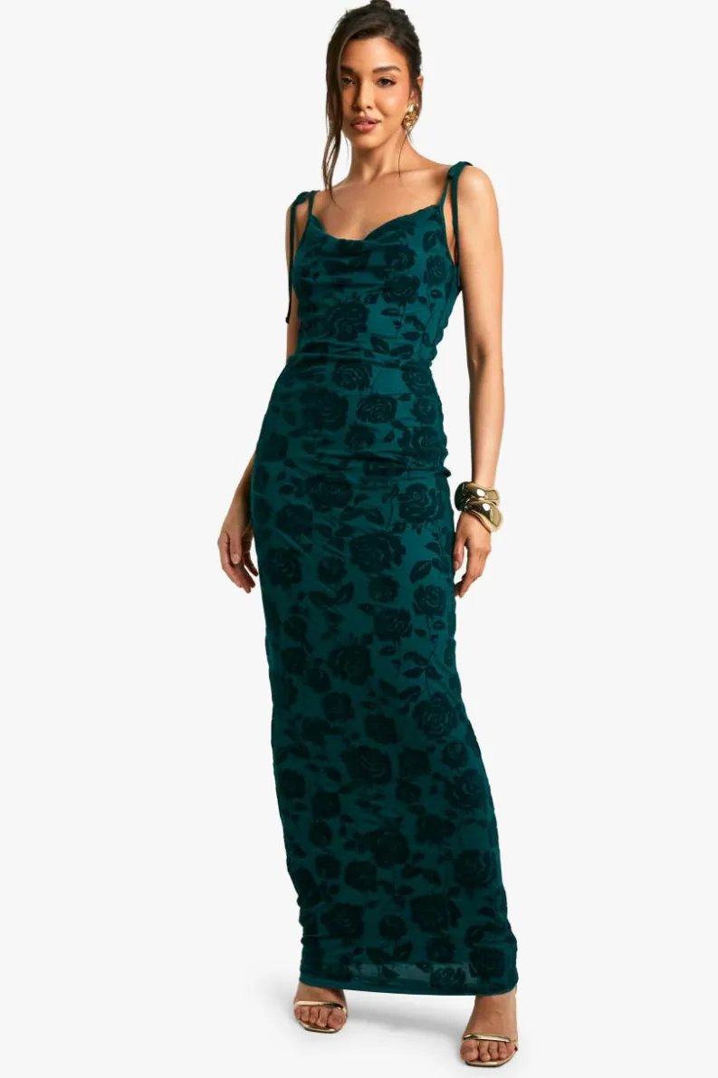 Maxi Dresses*boohoo Tie Detail Mesh Cowl Maxi Dress emerald