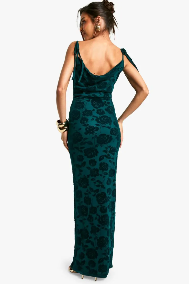 Maxi Dresses*boohoo Tie Detail Mesh Cowl Maxi Dress emerald