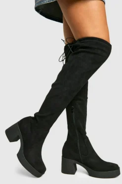 Over The Knee Boots|All Boots*boohoo Tie Detail Over The Knee Boots black