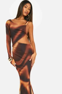 Bodycon Dresses*boohoo Tie Dye Cut Out One Shoulder Maxi Dress orange