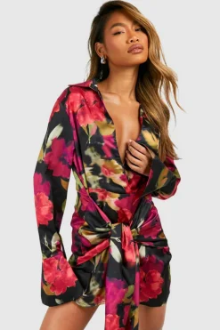 Shirt Dresses*boohoo Tie Front Floral Shirt Dress black