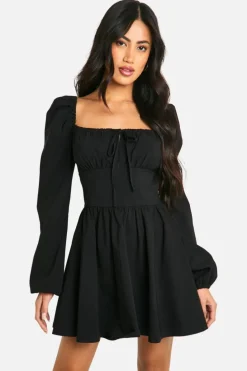 Smock Dresses*boohoo Tie Front Long Sleeve Mini Dress black
