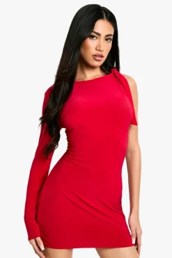Bodycon Dresses*boohoo Tie One Shoulder Long Sleeve Mini Dress red