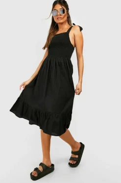 Midi Dresses*boohoo Tie Strap Shirred Bust Cotton Midi Dress black