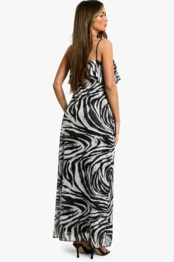 Maxi Dresses|Dresses*boohoo Tie Strap Zebra Frill Mesh Maxi Dress black