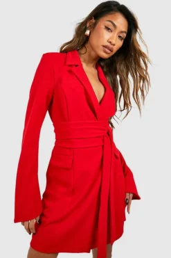 Blazer Dresses|Mini Dresses*boohoo Tie Waist Long Sleeve Blazer Dress red