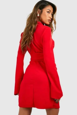 Blazer Dresses|Mini Dresses*boohoo Tie Waist Long Sleeve Blazer Dress red