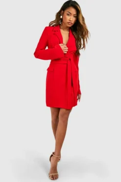 Blazer Dresses|Mini Dresses*boohoo Tie Waist Long Sleeve Blazer Dress red