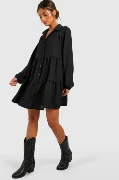 Shirt Dresses*boohoo Tiered Smock Shirt Dress black