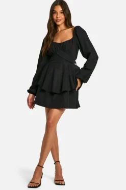 Skater Dresses|Mini Dresses*boohoo Tiered Tie Back Skater Dress black