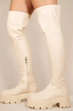 Calf High Boots|Chunky Boots*Where's That From Tilley' Chunky Chelasea Calf High Boots With Side Zip Cream