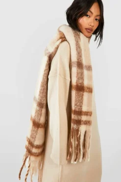 Hats & Gloves|Hats & Gloves*boohoo Tonal Checked Tassel Fringe Scarf neutral