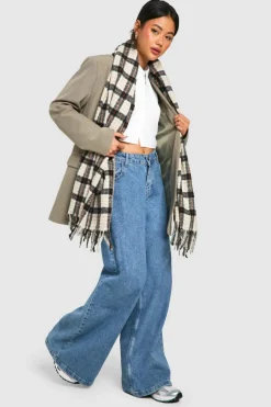 Hats & Gloves|Hats & Gloves*boohoo Tonal Checked Tassel Scarf stone