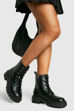 Chunky Boots|Biker Boots*boohoo Top Cap Lace Up Chunky Hiker Boot black