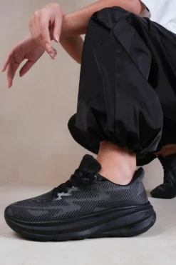 Trainers*Where's That From Track' Breathable Mesh Gym Runner Lace Up Trainers Black