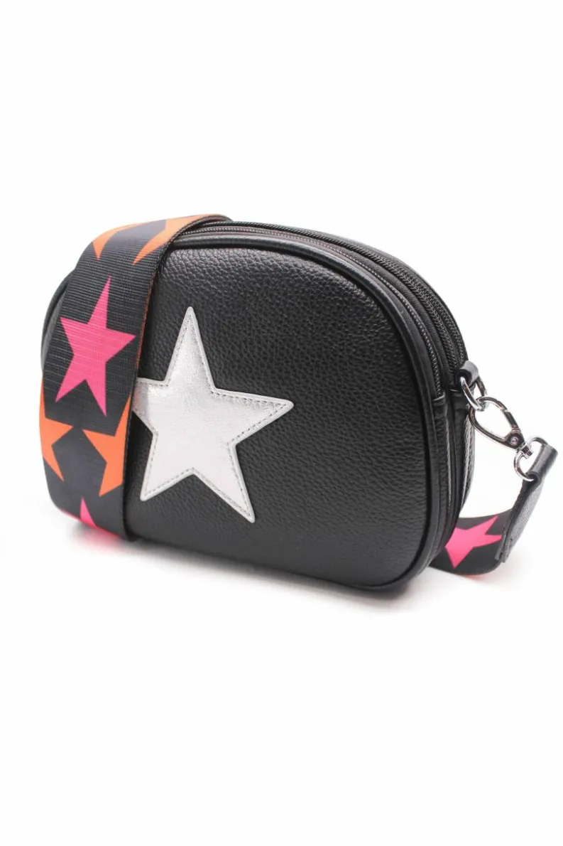 Cross-Body Bags*Kitise Trilly Shiny Silver Star Wide Strap Triple Compartment Camera Crossbody Bag Black