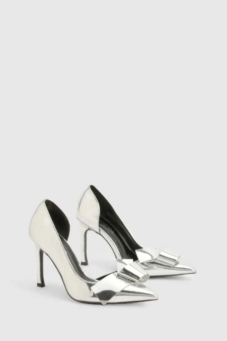 Heels*boohoo Trim Detail Mirror Patent Cut Out Court Shoes silver