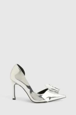Heels*boohoo Trim Detail Mirror Patent Cut Out Court Shoes silver