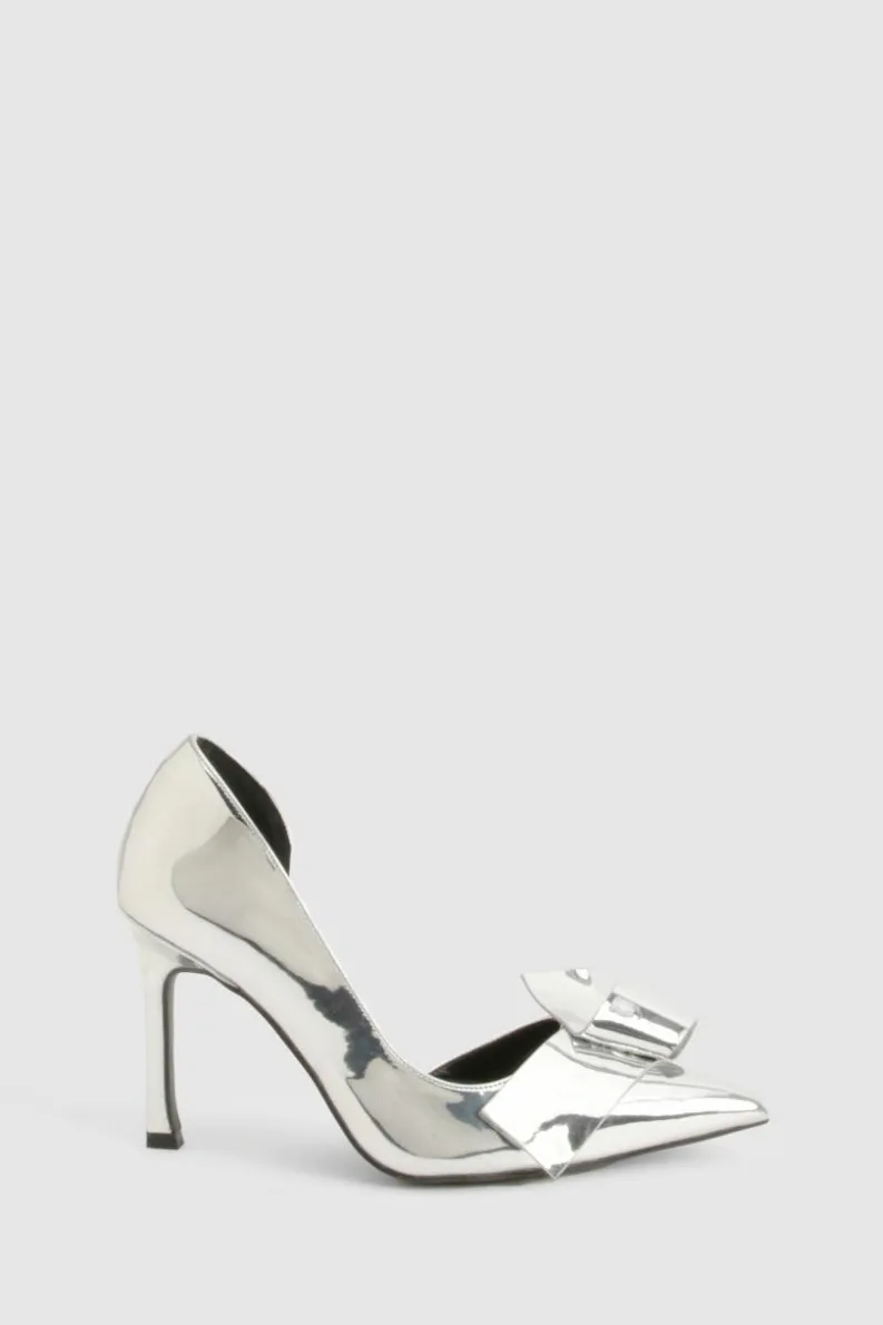 Heels*boohoo Trim Detail Mirror Patent Cut Out Court Shoes silver