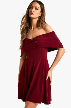 Skater Dresses*boohoo Trim Detail Slinky Bardot Mini Dress berry